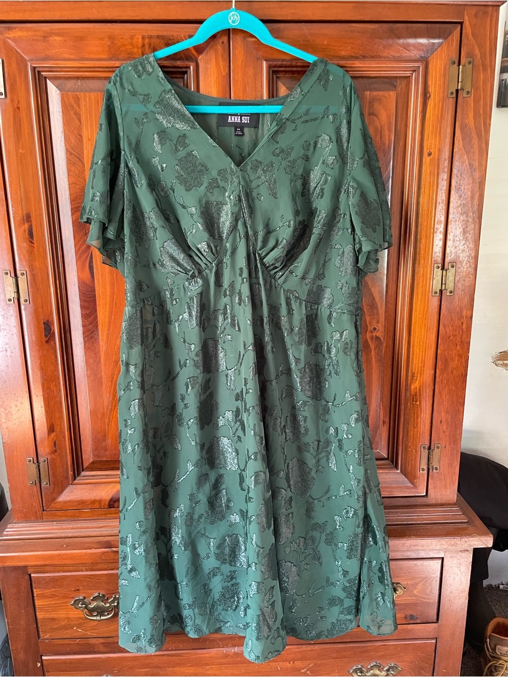 Anna Sui Emerald Green Metallic Floral Midi Dress
